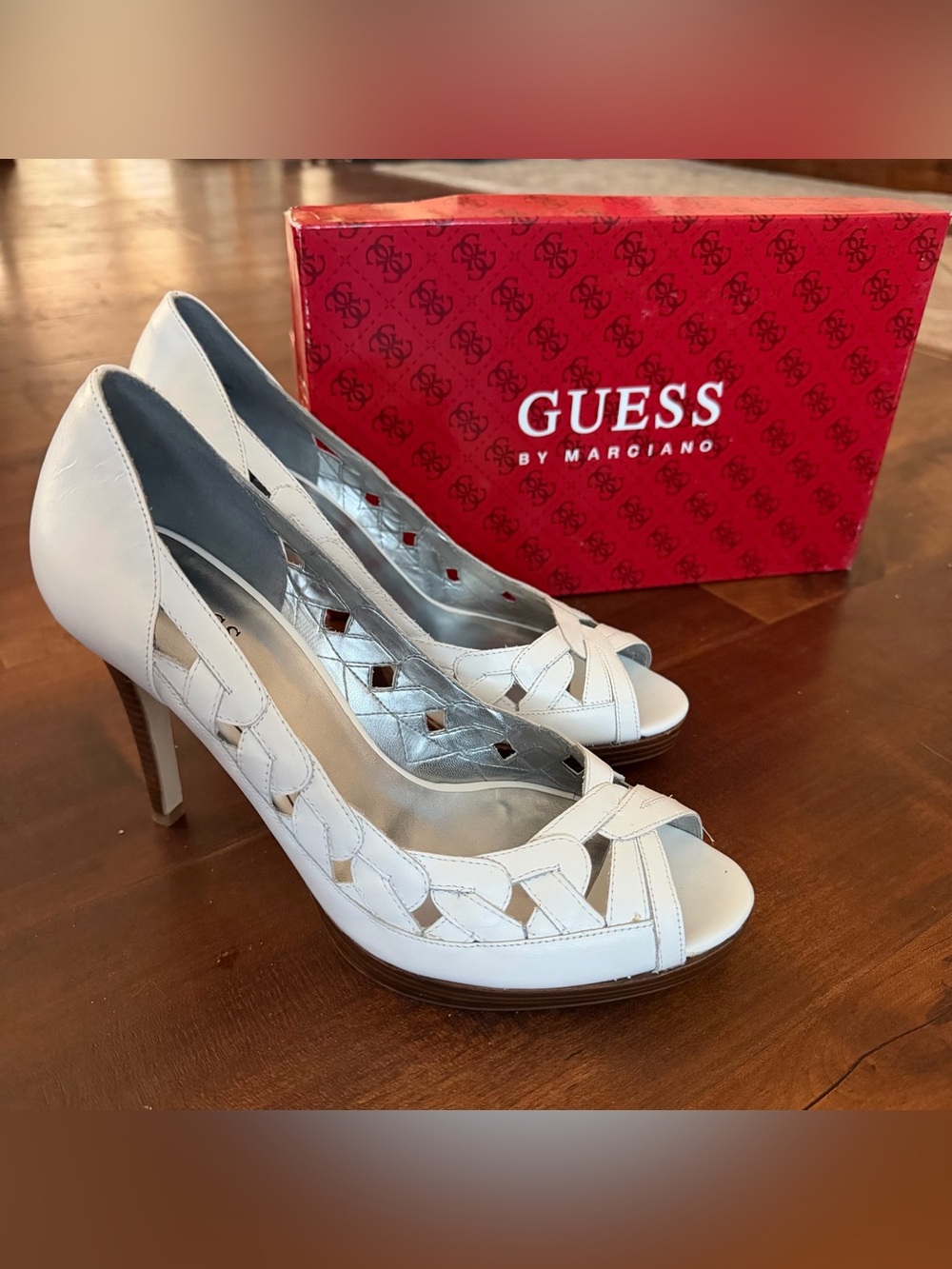 GUESS White Woven Peep-Toe Pumps